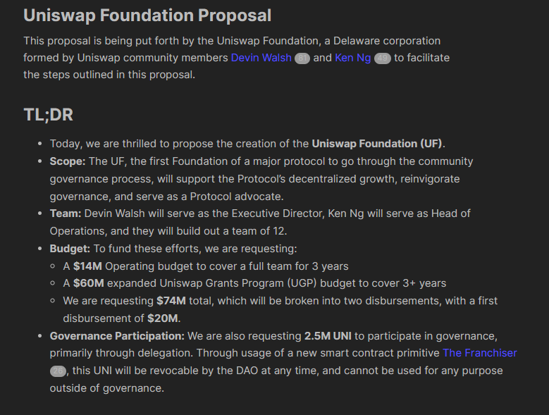 Uniswap Foundation proposal gets mixed reaction over $74M price tag