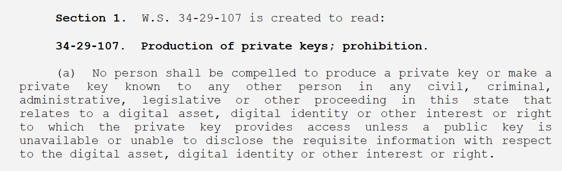 Wyoming lawmakers pass bill to prevent forced disclosure of private keys