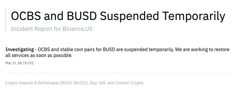 BUSD deposits and withdrawals via OCBS suspended on Binance.US