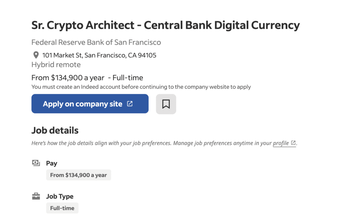 Federal Reserve of San Francisco hiring crypto architect for CBDC project