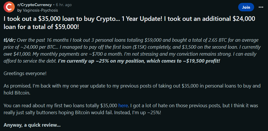Redditor up 25% after boldly taking out $59K worth of personal loans to buy BTC