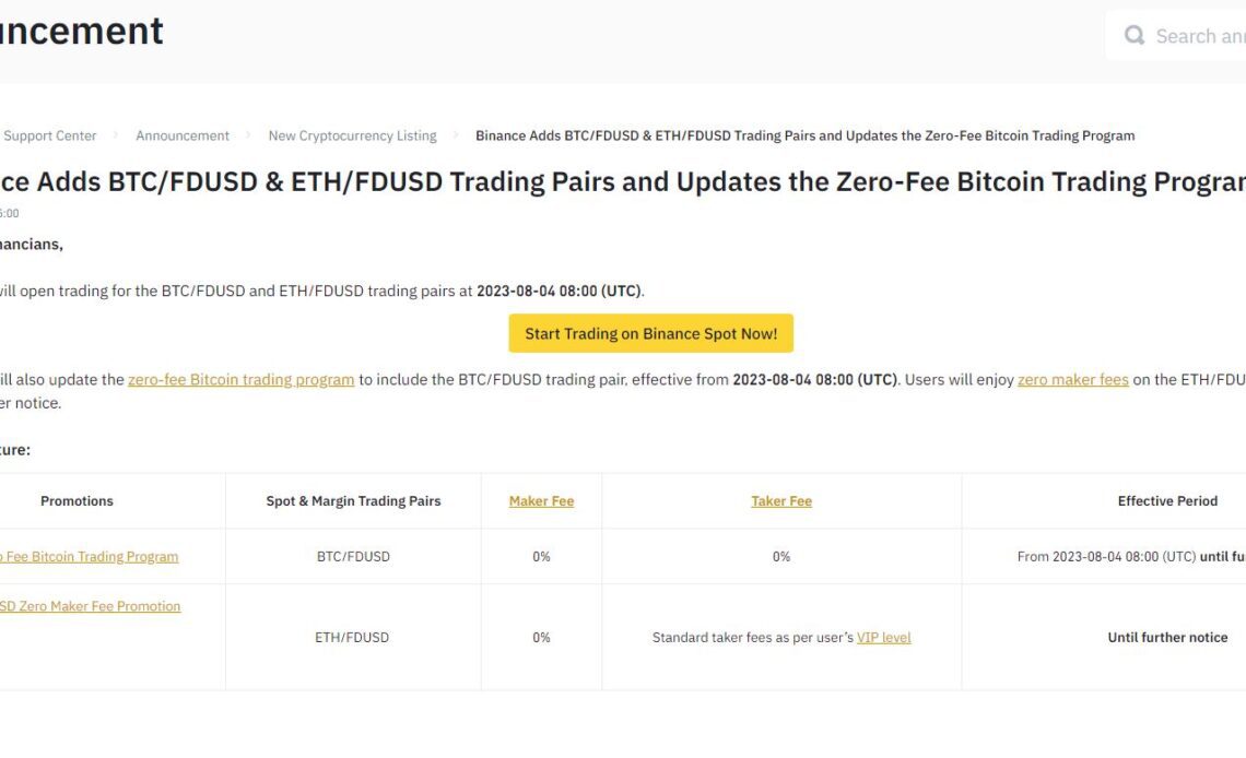 Binance starts BTC/FDUSD and ETH/FDUSD trading pairs with zero-fees