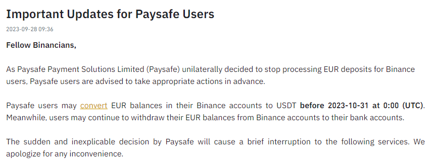 Binance urges users to convert Euros to USDT after Paysafe debank