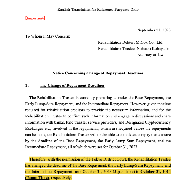 Mt. Gox trustee changes repayment deadline to October 2024