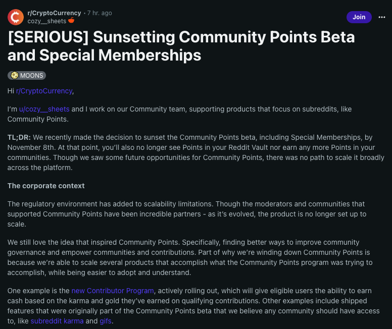 Reddit to wind down blockchain-based rewards service ‘Community Points’
