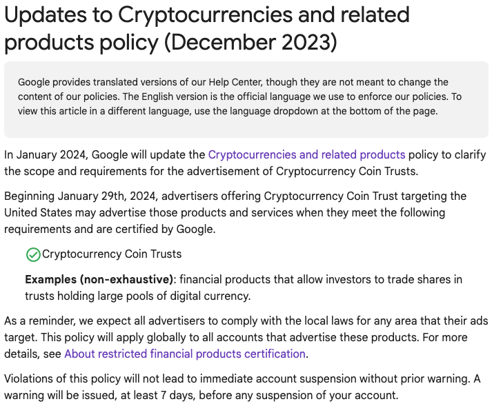 Google updates policy to allow ads for US crypto trusts